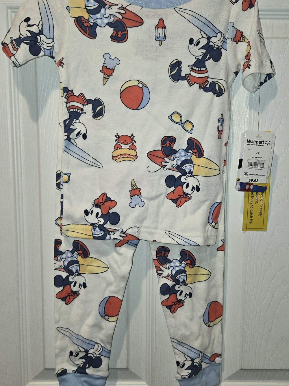 Disney Kids' Minnie & Mickey Surf Print One-Piece Pajama Set - White/Blue